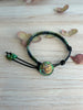 Black Leather Bracelet with Floral Glass Button - Size 6" to 7 1/2 "