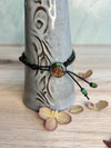 Black Leather Bracelet with Floral Glass Button - Size 6" to 7 1/2 "