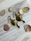 Antique Brass Textured Earrings with Garnet