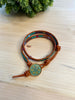 Boho Leather Wrap Bracelet with a Lovely Teal and Gold Floral Button - Size 6" to 7"