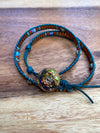 Boho Teal Leather Double Wrap Bracelet with a Beautiful Floral Glass Button - Size 6" to 7"
