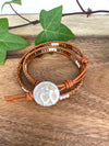 Boho Rust Leather Wrap Bracelet with a Beautiful White Glass Floral button - Size 6 to 7"