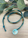 Bohemian Style Teal Leather Wrap Bracelet with Dragonfly Button - Size 6" to 7"