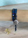 Boho Navy Cotton Cord Double Wrap Bracelet With a Silver Button - Size 6" to 7"