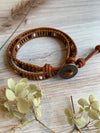 Bohemian Style Leather Wrap Bracelet With a Brass Leaf Button - Size 6" to 7"