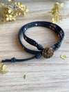Boho Navy Cotton Cord Double Wrap Bracelet With a Brass Heart Button - Size 7" to 8"
